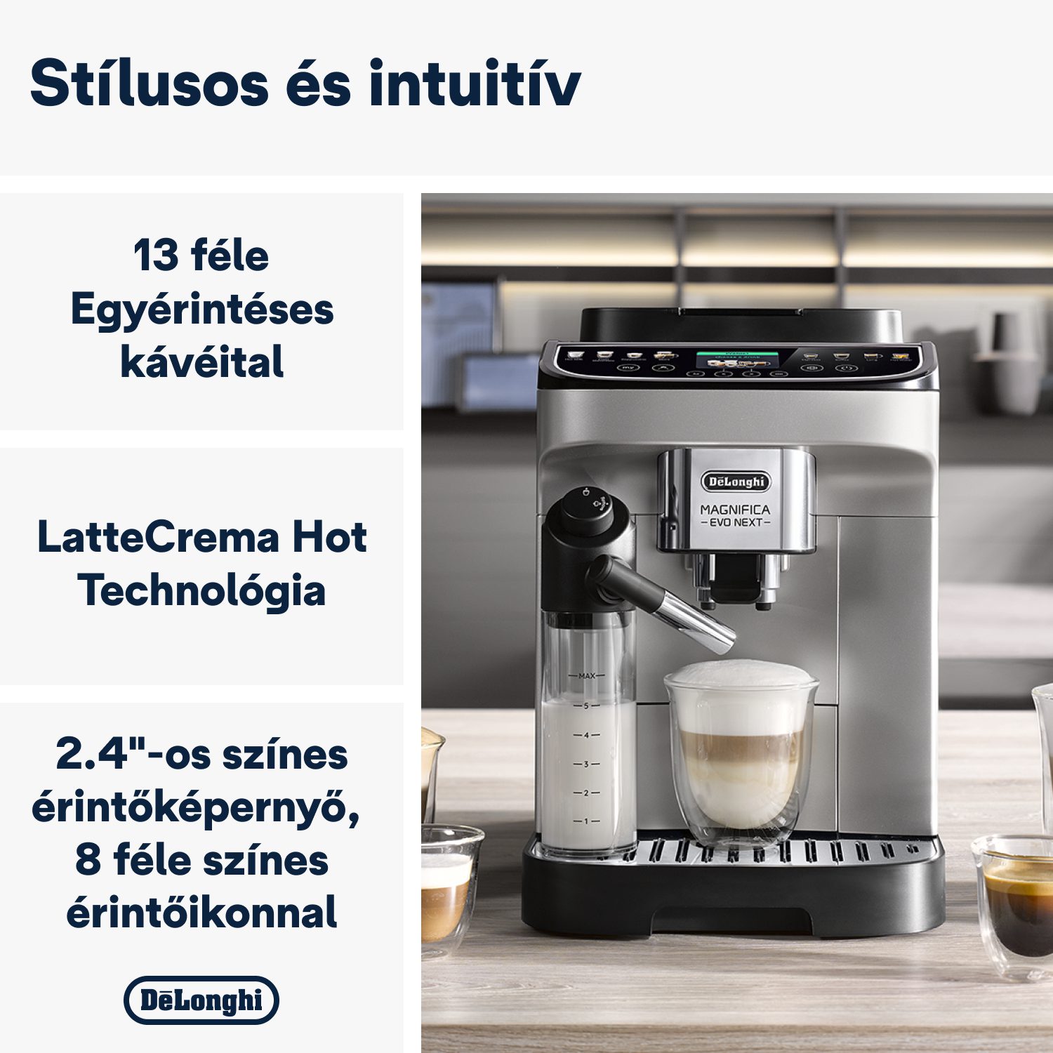 DE-LONGHI Magnifica Evo Next ECAM310.80.SB automata kávéfőző tejtartállyal, fekete-ezüst – 4. kép