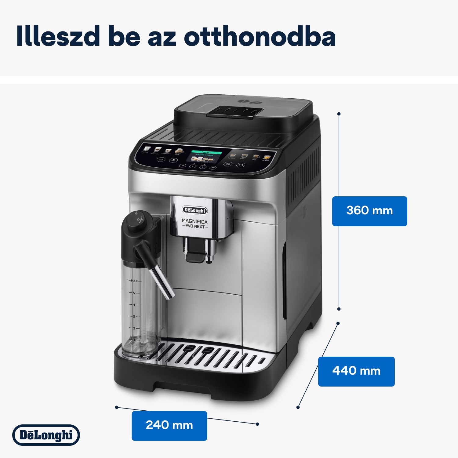 DE-LONGHI Magnifica Evo Next ECAM310.80.SB automata kávéfőző tejtartállyal, fekete-ezüst – 9. kép